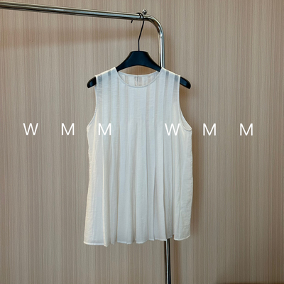 WMM无袖褶皱奶油米白背心气质纯色女夏季新款百搭小众设计上衣