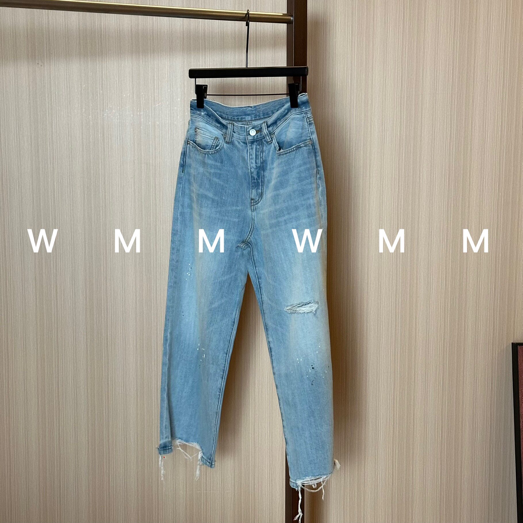 WMM浅蓝破洞泼墨直筒复古牛仔裤女新款休闲百搭韩时尚舒适显瘦裤