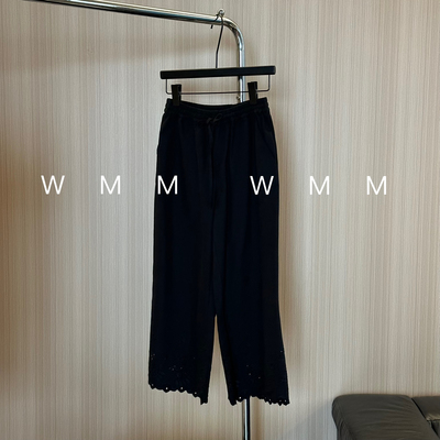 WMM微喇刺绣裤脚九分休闲裤黑色女夏季百搭时尚显瘦松紧腰阔腿裤