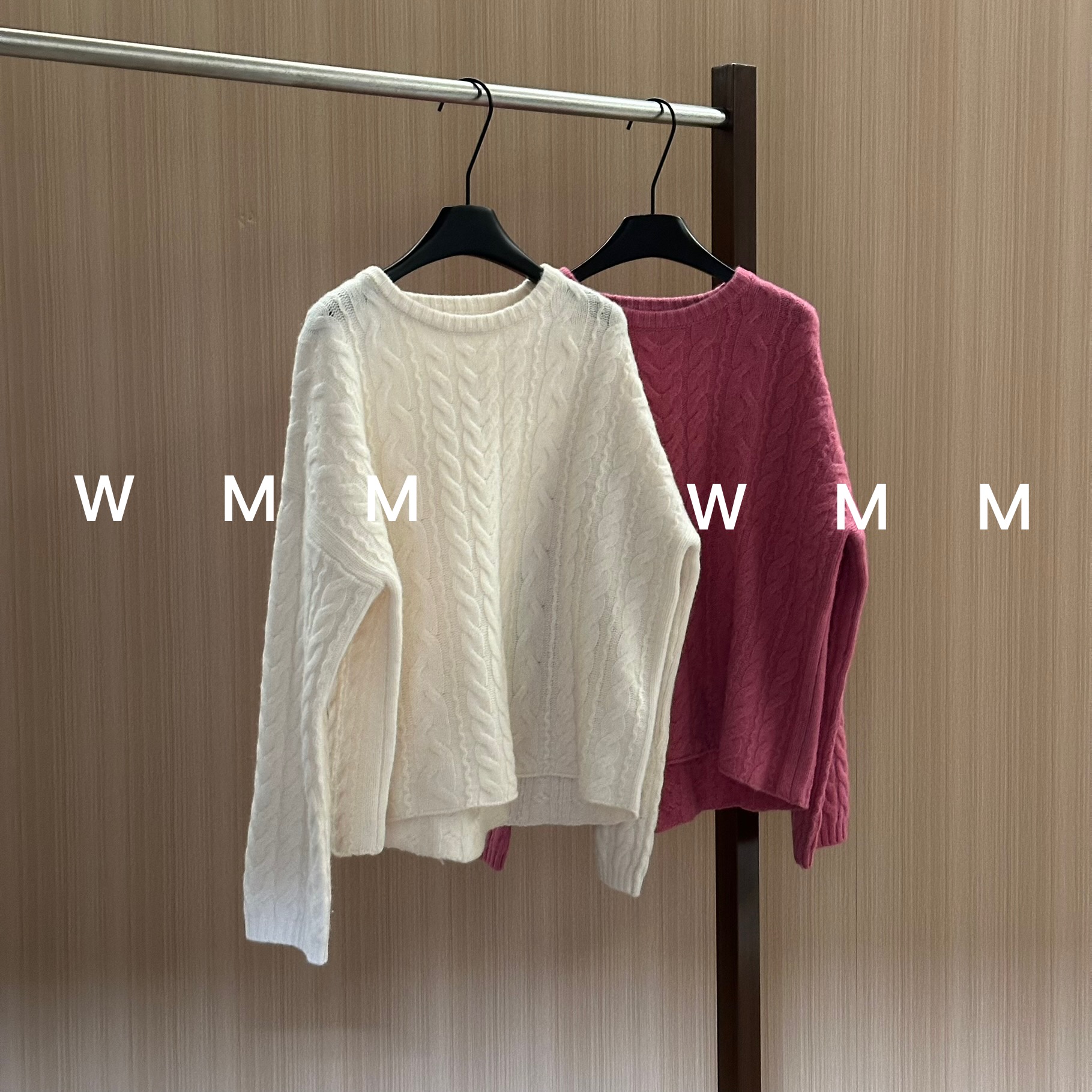 WMM圆领粉白麻花毛衣长袖女秋冬新款百搭宽松时尚纯色套头韩保暖