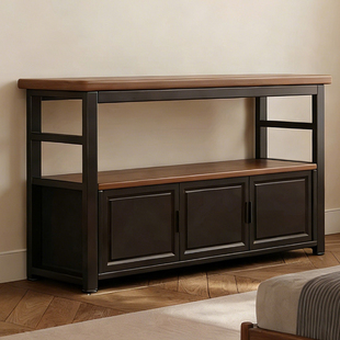 卧室床尾收纳柜大容量置物架中古风矮柜木板桌面收纳架金属承重柜