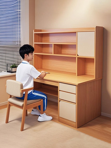 实木桌学生家庭卧室学习桌书架综合桌2025新型中小学生电脑桌