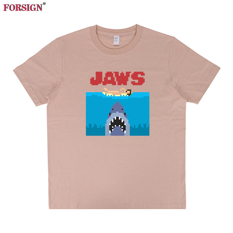 Jaws pixel大白鲨斯皮尔伯格像素版复古怀旧卡通动漫男女短袖T恤