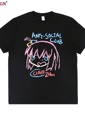 Anti social club卡通动漫反社交潮牌复古嘻哈hip hop短袖T恤男女