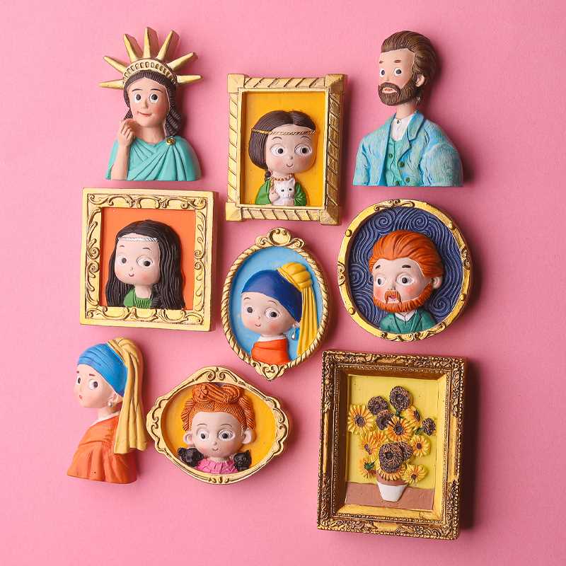 喵二 可爱q版名画冰箱贴3d立体树脂梵高丽莎珍珠少女家居磁贴礼品