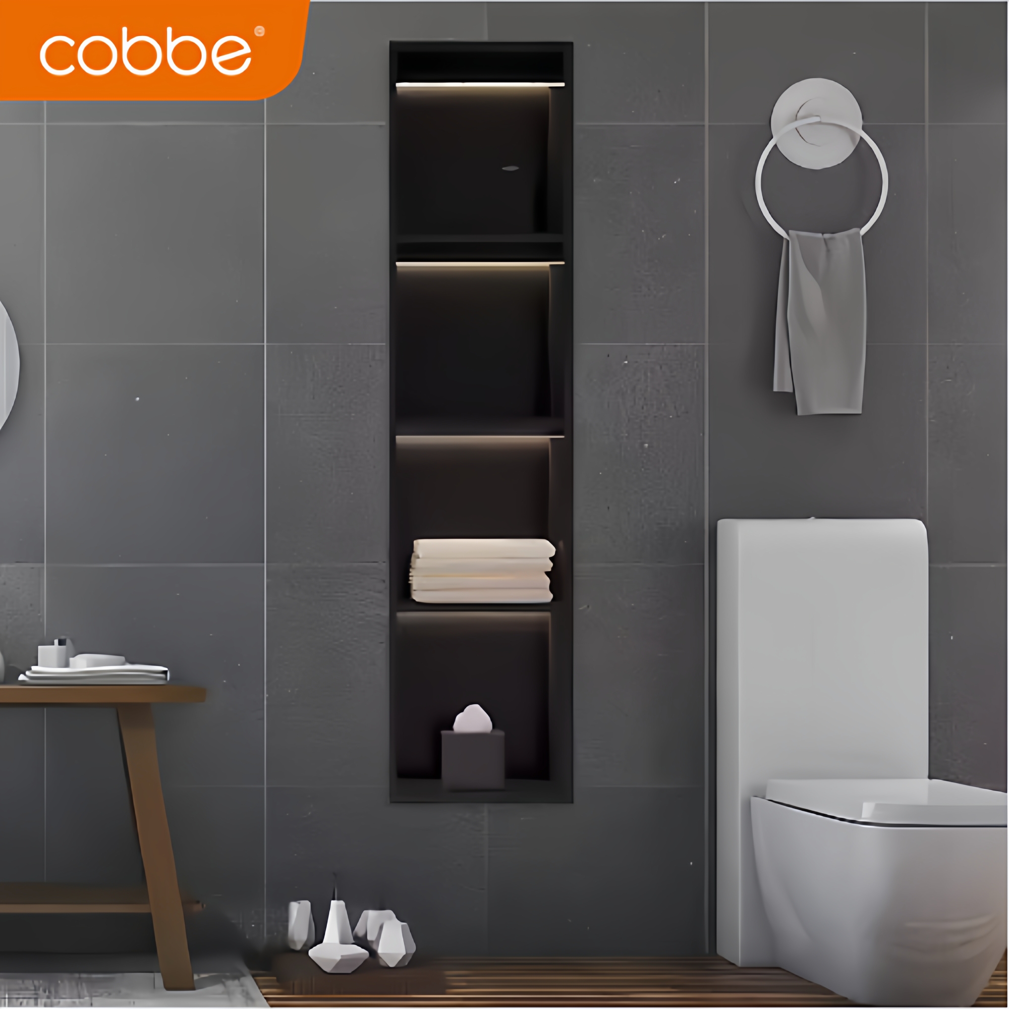cobbe卡贝嵌入式置物架卫浴收纳架带灯带多层收纳