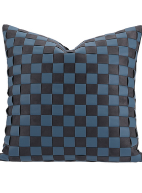 【皮革编织】棋盘格设计地中海蓝色样板间售楼处民宿方枕抱枕靠垫