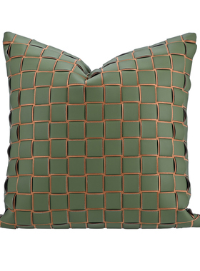 【皮革编织】棋盘格设计军工绿色样板间售楼处民宿方枕抱枕靠垫