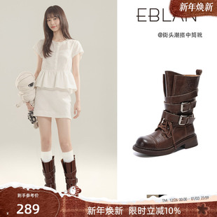 厚底机车中筒靴工装 新款 靴子 伊伴复古西部马丁靴女2025秋季 EBLAN