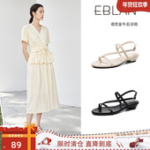 女外穿一字粗跟罗马沙滩鞋 EBLAN 法式 夹趾凉鞋 伊伴 89清仓福利