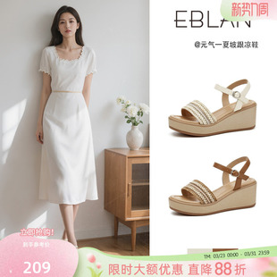 妈妈坡跟松糕罗马鞋 EBLAN 新款 女2025夏季 子 伊伴度假风一字带凉鞋
