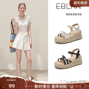 女一字沙滩罗马鞋 EBLAN 草编厚底坡跟水钻凉鞋 99清仓福利 伊伴