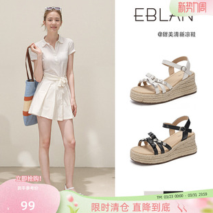 女一字沙滩罗马鞋 EBLAN 草编厚底坡跟水钻凉鞋 99清仓福利 伊伴