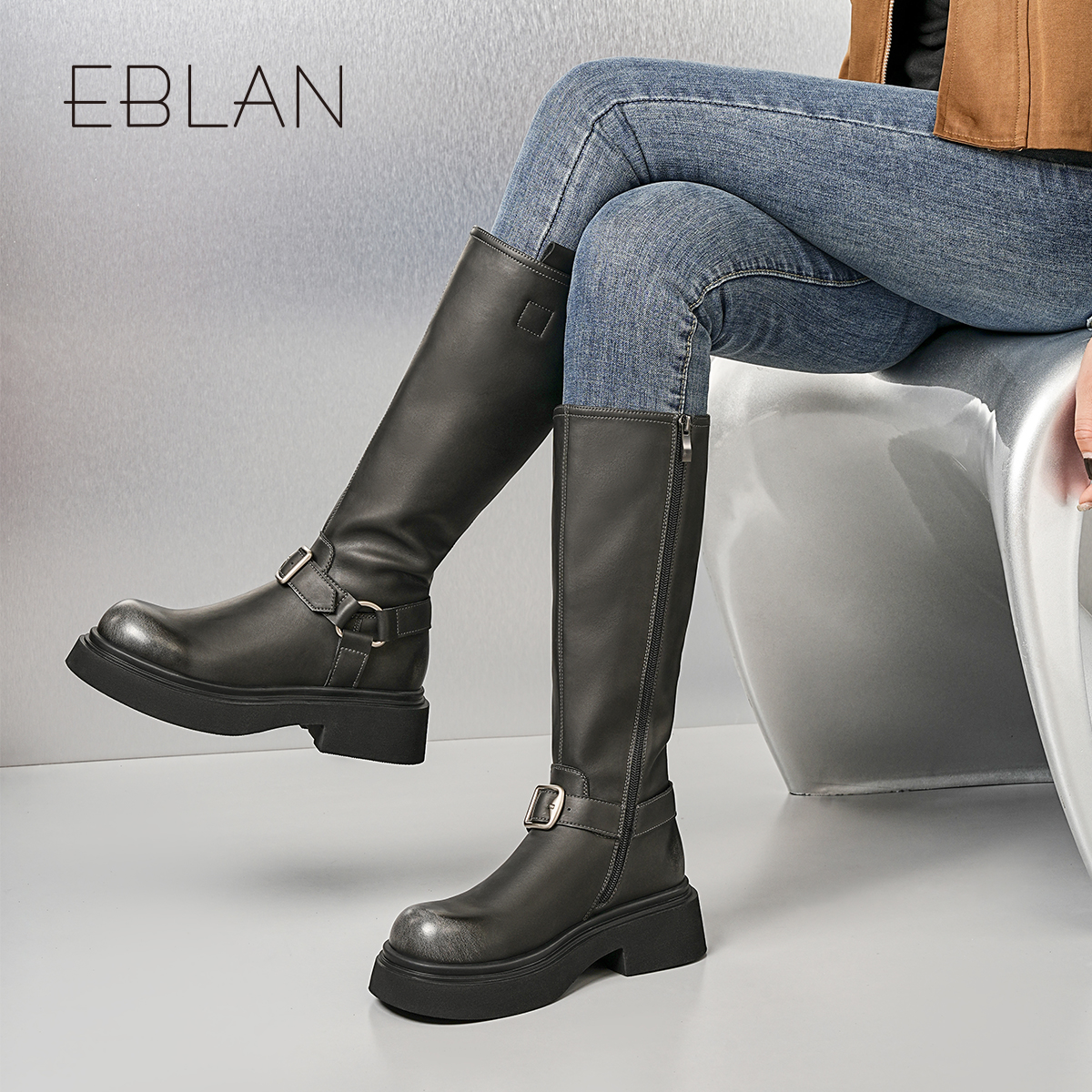 EBLAN/伊伴厚底增高长筒靴2025年冬季新款法式复古骑士靴潮流女靴