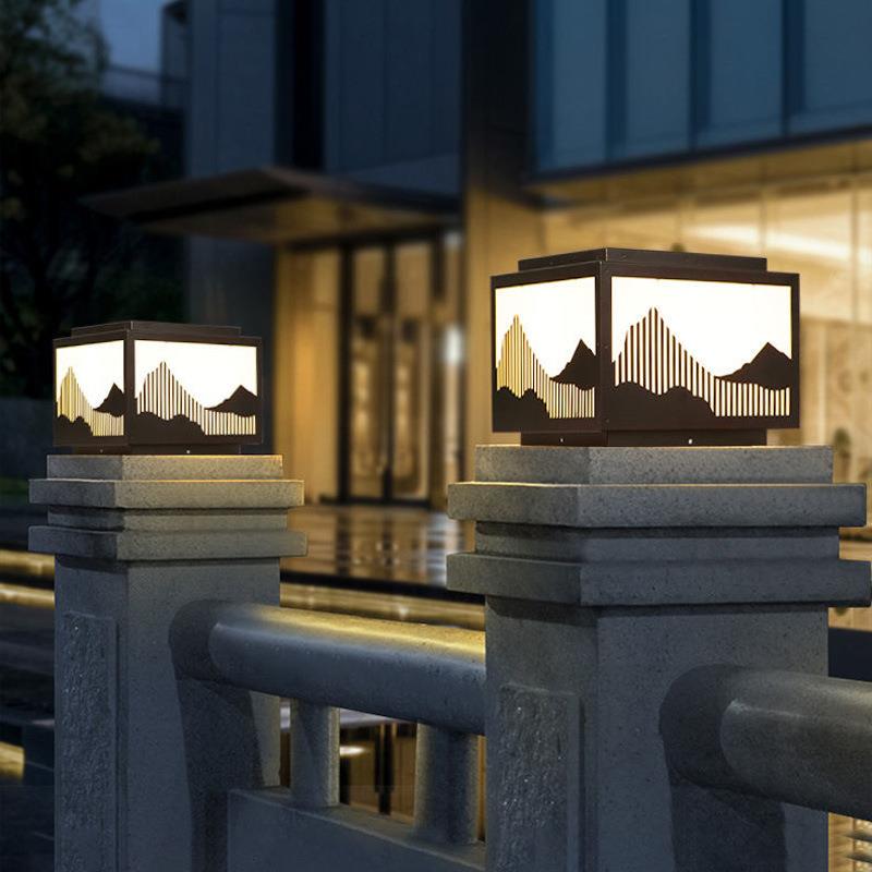 新中式山水太阳能自动柱头灯户外防水庭院灯家用室外大门柱子灯