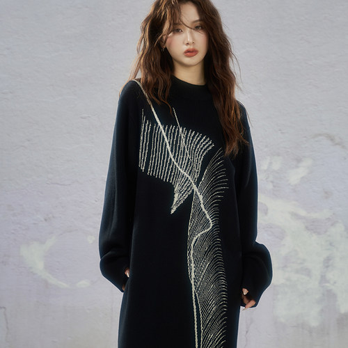 JfYanYan黑色针织毛衣裙秋冬长款