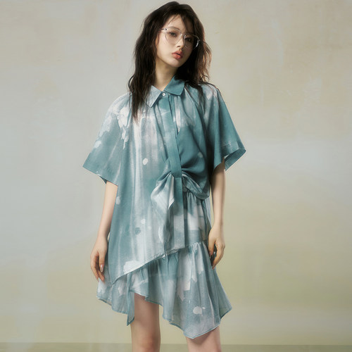JfYanYan薄款蓝色国风衬衫女短袖