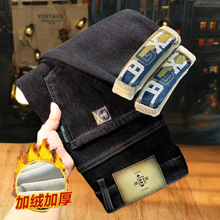 保暖加绒加厚牛仔裤男弹力修身直筒休闲裤潮流刺绣百搭加厚牛仔裤