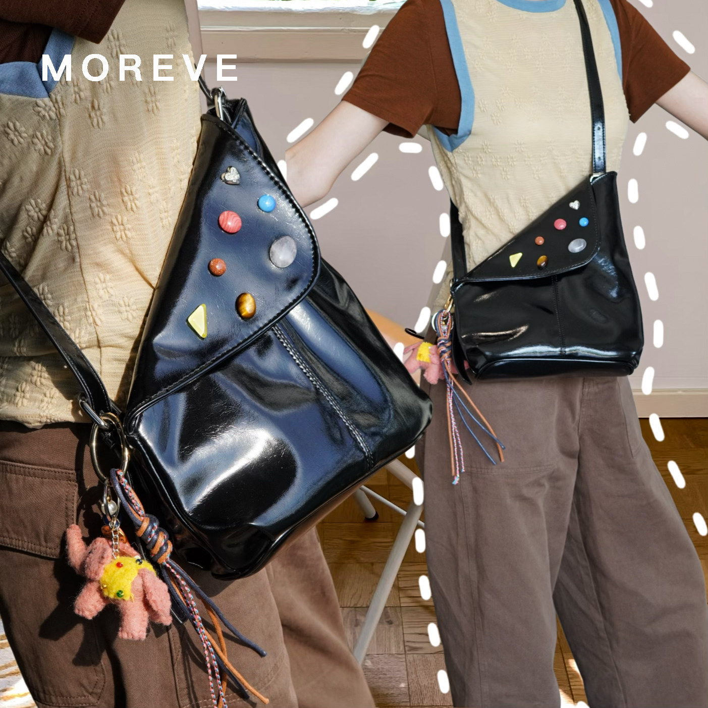Moreve《飞花令.彩》PU皮天然石小象挂饰斜肩包腋下包挎肩包