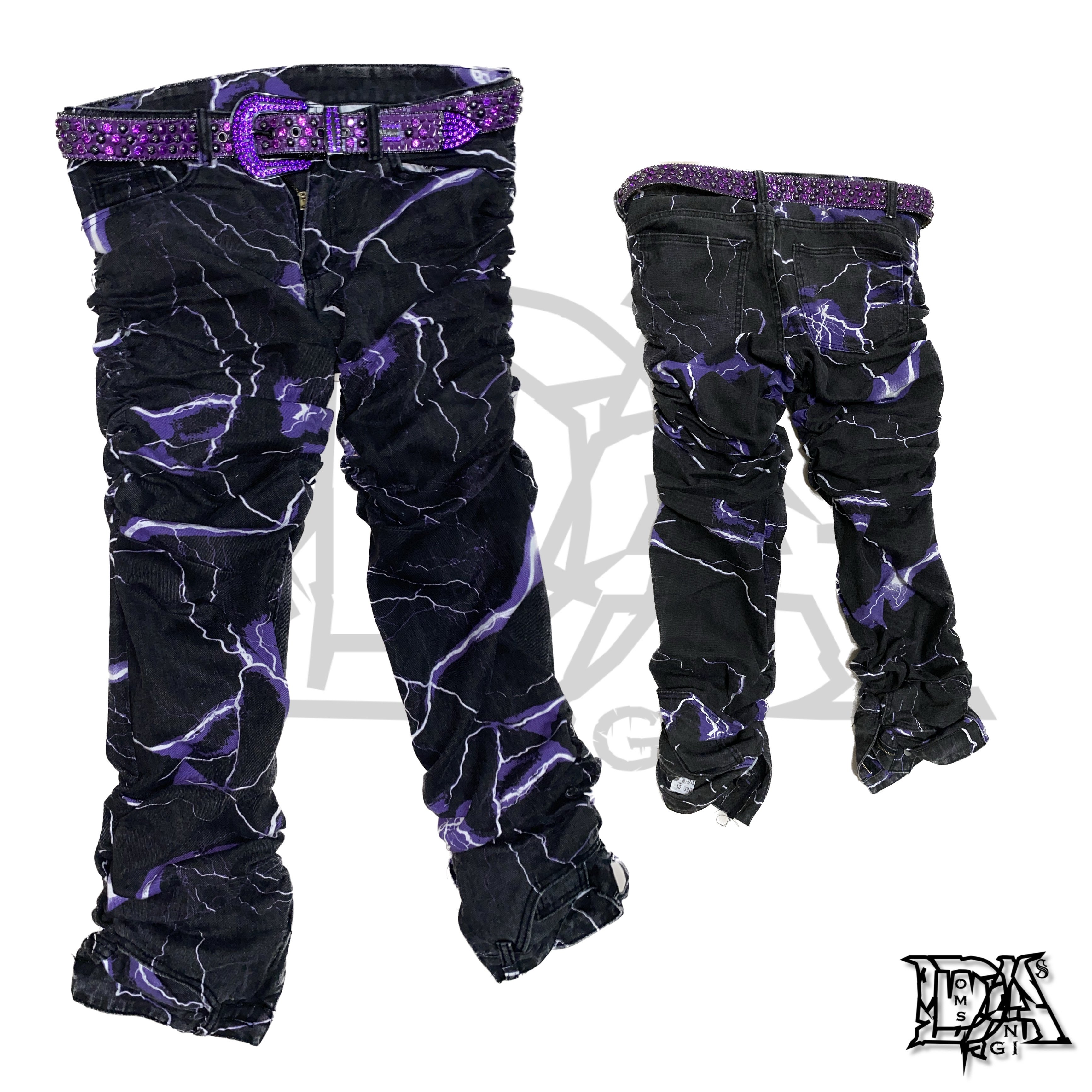 「red ice」紫色闪电泛灰做旧牛仔裤