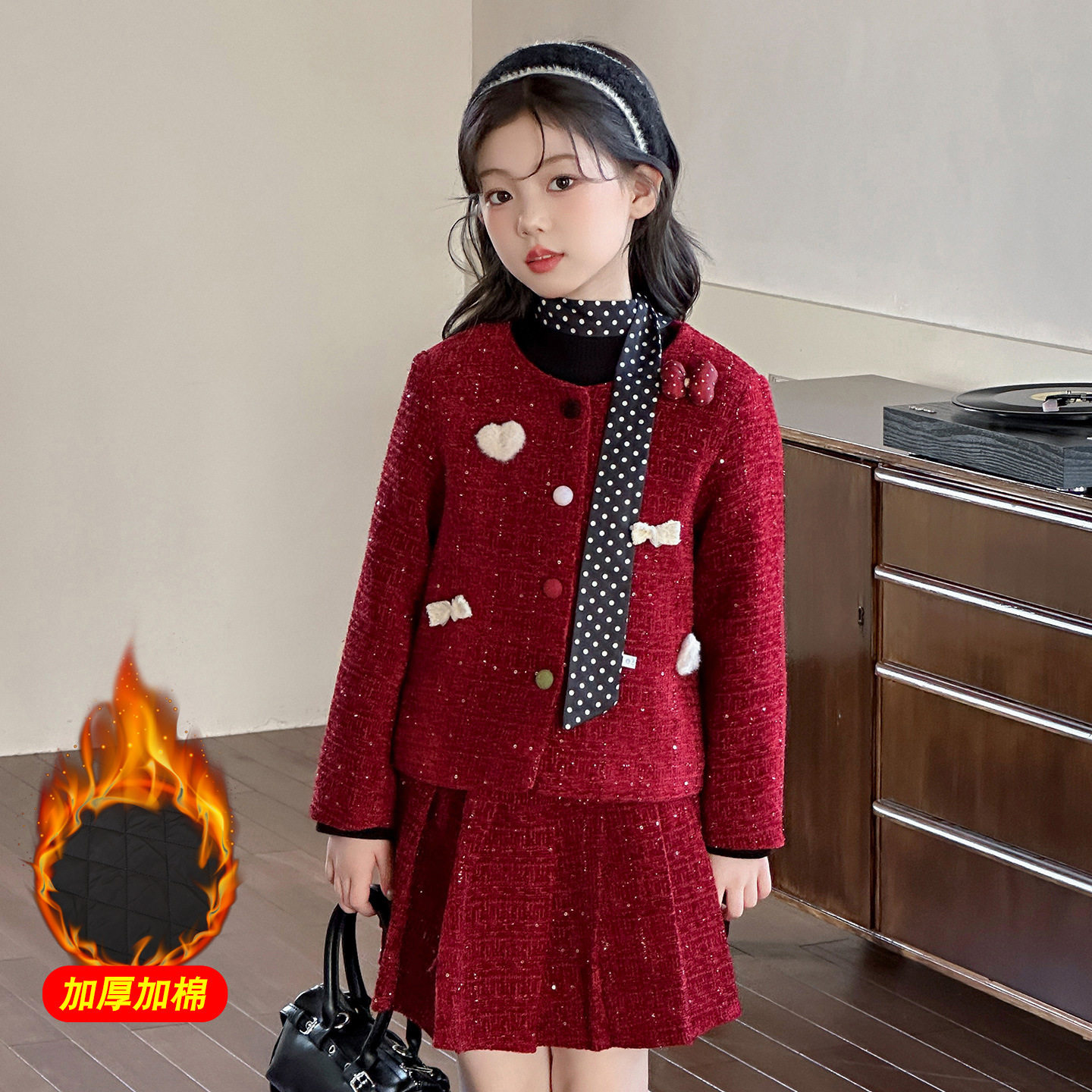 童装女童小香风套装2025冬新款儿童洋气外套小女孩加厚加绒两件套