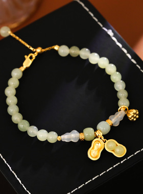 新中式绿玉髓手链女好事花生葫芦手串福牌生日礼物国风转运珠手饰