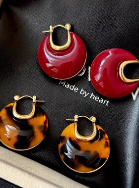 复古港风红色圆形耳环女轻奢高级感耳圈玳瑁耳扣气质百搭个性耳钉