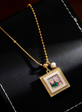 复古油画框圣母花瓣吊坠项链精致重工锁骨链简约方牌气质毛衣链女