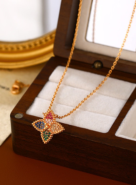 轻奢彩色锆石四叶草吊坠项链时尚气质复古高级感锁骨链女简约小众