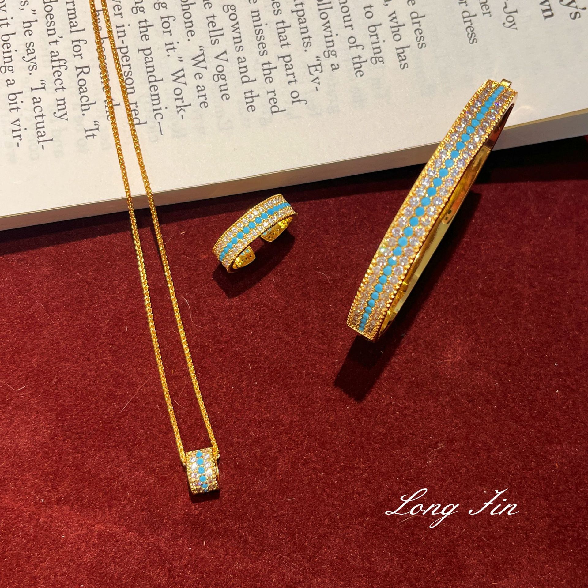 满钻贵妃蓝松石开口手镯戒指项链