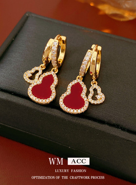 新中式轻奢复古红色双生葫芦耳扣气质小众中古风精致气质耳环耳饰