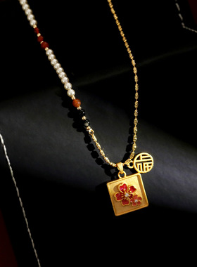 花开富贵古法沙金方牌项链国风珍珠碧玺串珠毛衣链新中式花朵颈链