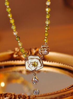 轻奢山茶花玫瑰雨露项链高级感重工小众气质锁骨链精致绝美颈链潮