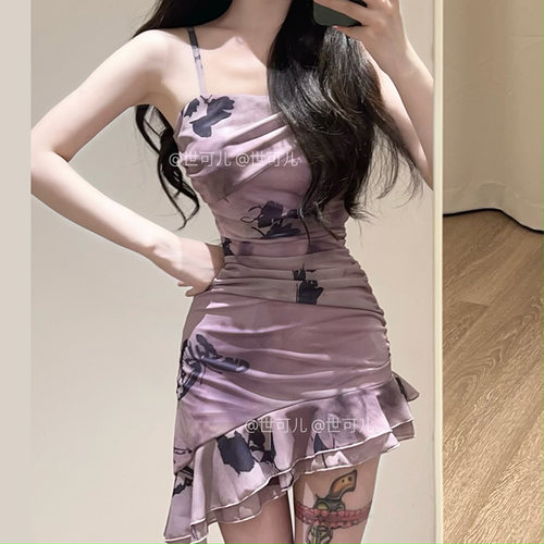 紫色花蝴蝶世可儿纯欲连体泳衣女
