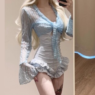 世可儿蓝长袖 两件套连体泳衣女聚拢度假风温泉高级保守显瘦泳装