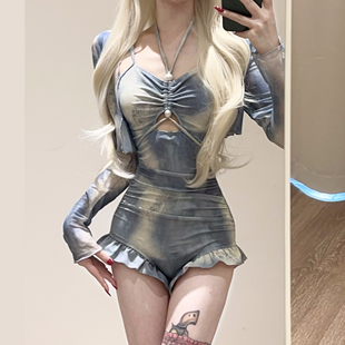 世可儿扎染蓝高级泳衣女遮肚显瘦纯欲风长袖 连体泳衣女泡温泉分体