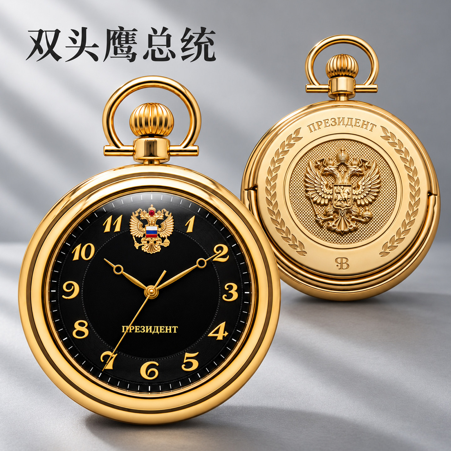 俄罗斯双头鹰总统怀表石英机芯镀金表壳镶红宝石男士经典原装进口