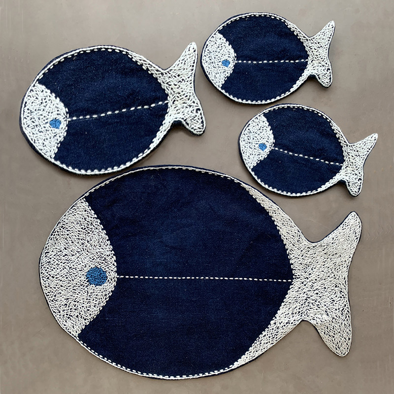 原创鱼巴巴老土蓝染手工diy刺子绣花材料包平安符送男友茶席杯垫