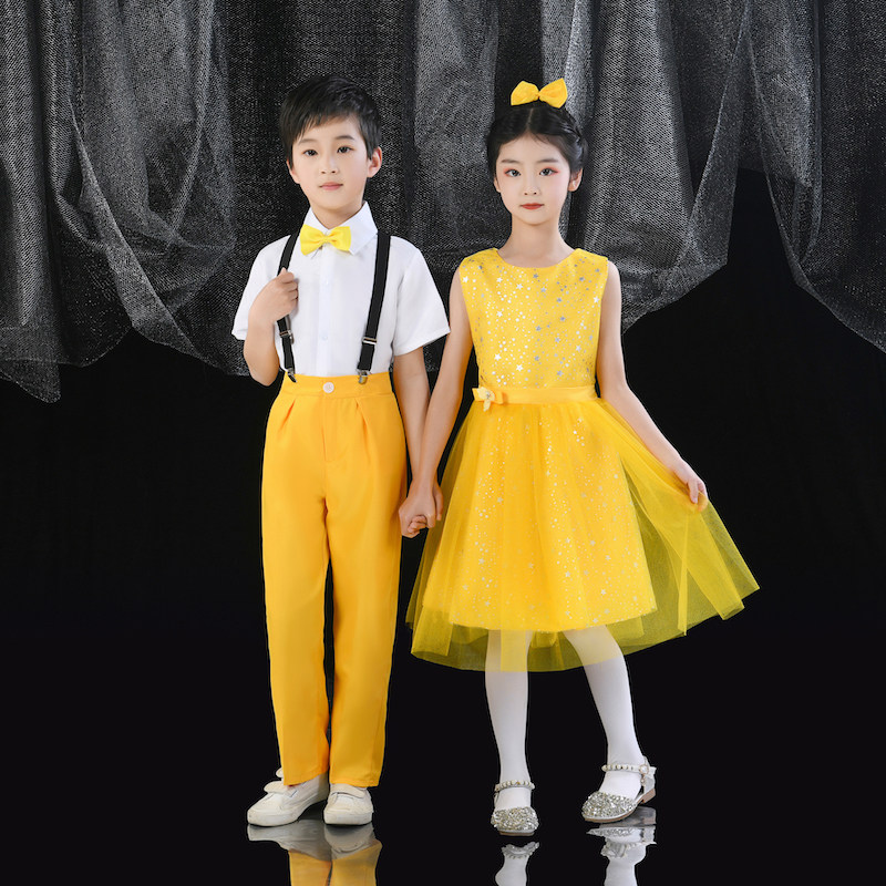 六一儿童节演出服男女童合唱公主蓬蓬纱裙幼儿园黄色舞蹈表演服装