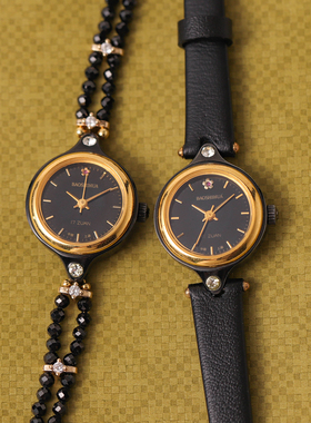 宝石花国货上海小巧手动机械表黑色间金复古怀旧文艺简约女表
