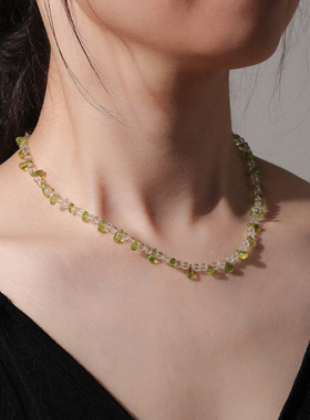 天然原矿橄榄石白水晶碎石水滴形圆形小众轻透串珠项链颈链锁骨链