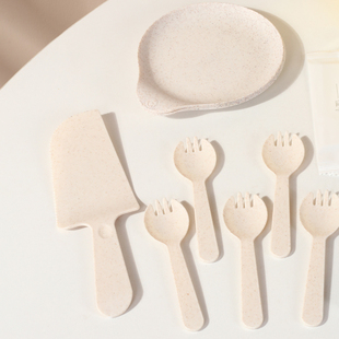 一次性小麦秸秆水滴盘生日蛋糕锯齿切刀水果甜品叉勺环保餐具包邮