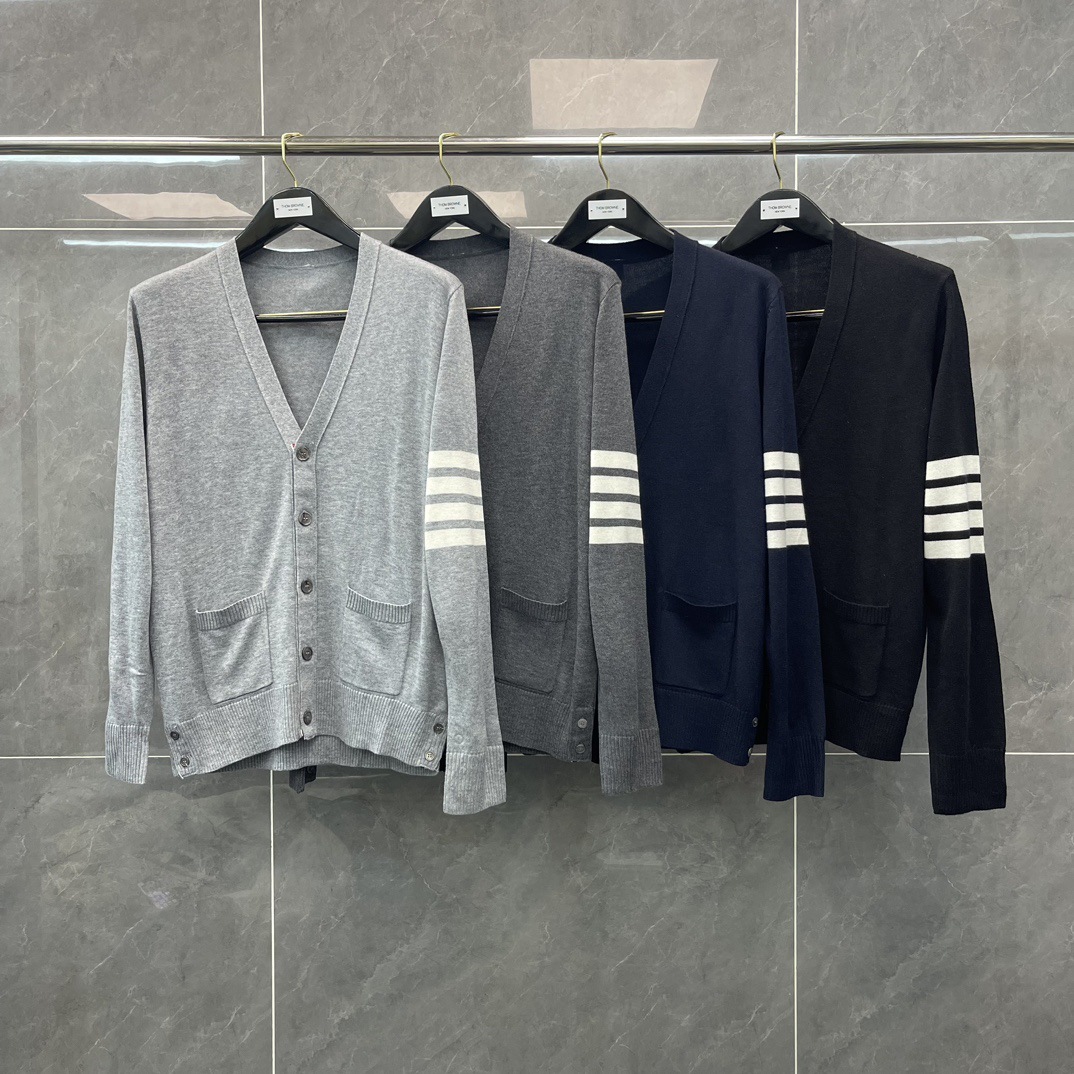 高定TB秋季新款条纹四道杠V领五扣开衫针织毛衣外套男女情侣同款