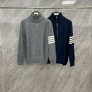 TB半高领针织衫四道杠条纹半拉链羊毛衫保暖亲肤舒适休闲简约