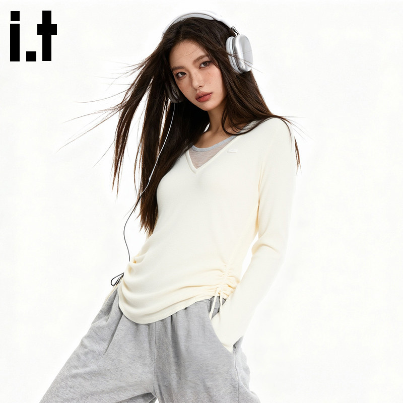 itGROUNDZERO春上新休闲修身时尚假两件V领米白打底针织衫打底女