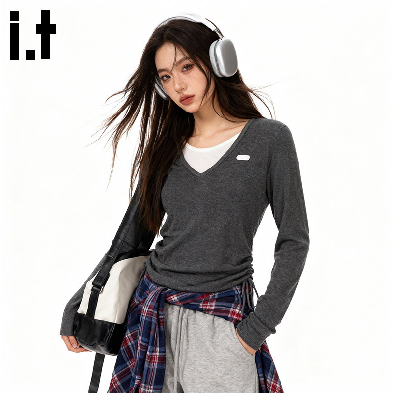 itGROUNDZERO春上新休闲修身时尚假两件V领灰色打底针织衫打底女