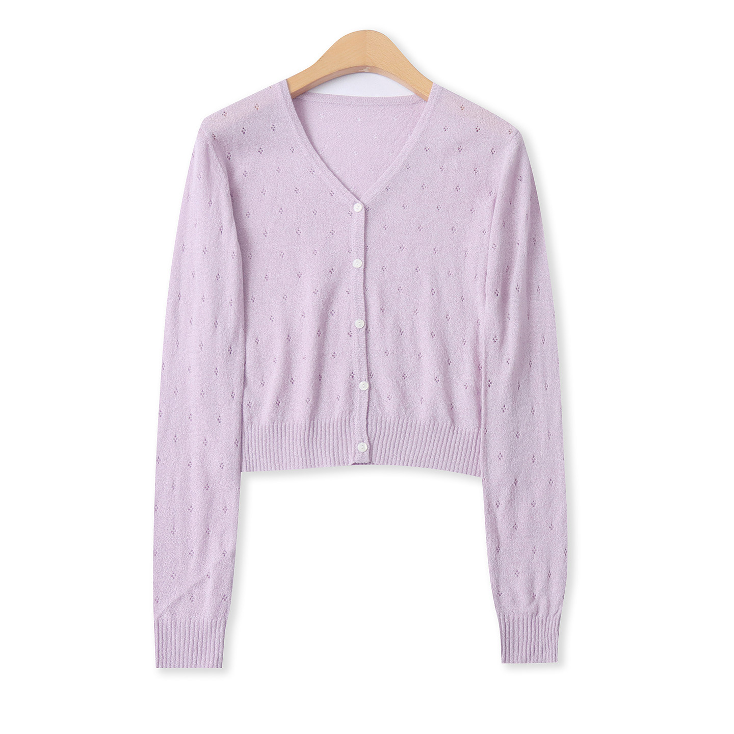 镂空针织开衫春季新款外贸女装百搭糖果色V领短款长袖薄上衣19589