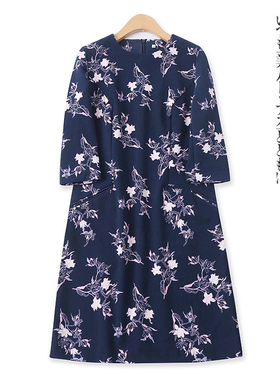 印花连衣裙春夏新款外贸女装百搭减龄收腰修身七分袖中长裙12818