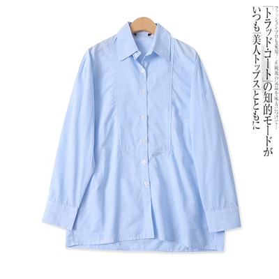 条纹衬衣春新款外贸女装百搭翻领拼接前扣门襟宽松长袖上衣17962