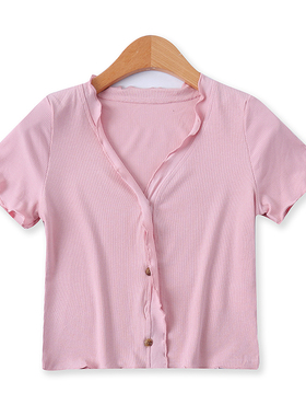 木耳边T恤夏新款外贸女装百搭减龄短款V领前扣显瘦短袖上衣12098